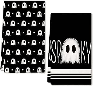 ARKENY Halloween Kitchen Dish Towels Set of 2,Black Ghost Bowknot 18x26 Inch Drying Dishcloth,Farmhouse Home Decoration AD132