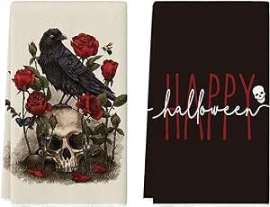 Artoid Mode Skull Crow Floral Happy Halloween Kitchen Towels Dish Towels, 18x26 Inch Decoration Hand Towels Set of 2