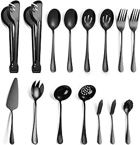 Serving Utensils Include Large Serving Spoons Slotted Serving Spoons Serving Forks Serving Tongs Soup Ladle and Pie Server Buffet Catering Serving Utensils for Dishwasher Safe (Black,15 Pieces)
