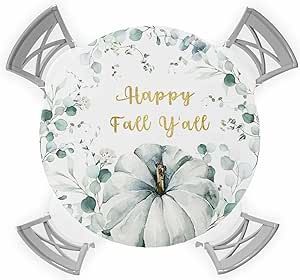 Round Fitted Table Cover Waterproof Tablecloth, Teal Pumpkin Fall Table Cover for Dining Table Elastic Wipeable Table Cloth for Indoor and Outdoor Eucalyptus Leaves Thanksgiving Fit 36"-44" Table
