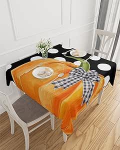 Square Boho Thanksgiving Tablecloth Waterproof & Stainproof Tablecloths, Wipeable Table Cloth Wrinkle-Free for Round/Rectangle/Oval/Square/Dining/Party/Wedding, Black White Dot Fall Pumpkin 54x54