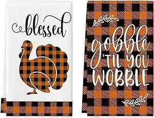 Artoid Mode Buffalo Plaid Turkey Thanksgiving Kitchen Towels and Dish Towels, 18 x 26 Inch Fall Harvest Thankful Vintage Daily Ultra Absorbent Drying Cloth Tea Towels for Cooking Baking Set of 2