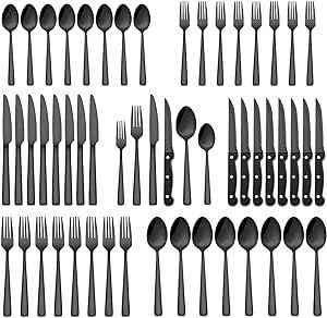 48-Piece Black Silverware Set with Steak Knives, Yoehka Stainless Steel Black Flatware Cutlery Set for 8, Durable Home Kitchen Eating Tableware Set, Include Fork Knife Spoon Set, Hand Wash Recommended