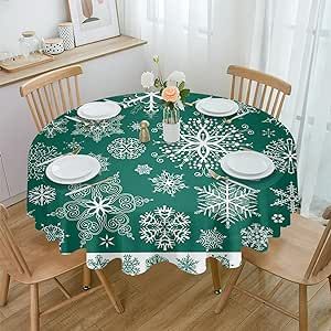 Christmas Round Tablecloth 60 Inch - Waterproof Fabric Table Cloth Protector, Xmas Green Snowflake Winter Christmas Teal Tablecloths Washable Table Cover for Kitchen Banquet Coffee Table Outdoor Party