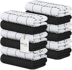Avalon Kitchen Towels Set (Value Pack of 12) Size 15x25 Inch, 100% Cotton Soft & Absorbent Dish Towels, Tea Towels, Multipurpose Terry Kitchen Towels for Household Cleaning (Black)