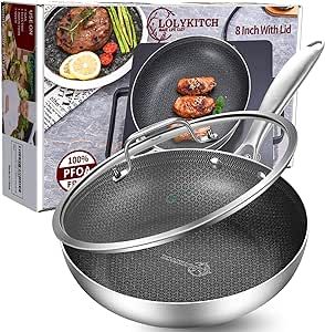 LOLYKITCH 8 Inch Tri-ply Hybird Stainless Steel Frying Pan with Lid,Skillet,Induction Pan,Small Egg Pan,Oven & Dishwasher Safe.…