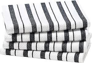 COTTON CRAFT Oversized Kitchen Towels - 4 Pack 100% Cotton Basketweave Tea Dish Towels - Absorbent Reusable Low Lint Quick Dry - Cooking Drying Restaurant Bar Cleaning Cloth Napkin -20x30 Black Stripe