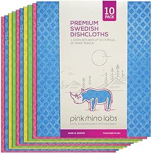 PINK RHINO LABS Swedish DishCloths for Kitchen- 10 Pack Reusable Paper Towels Washable - Eco Friendly Cellulose Sponge Microfiber Dish Cloths - Kitchen Essentials - Assorted
